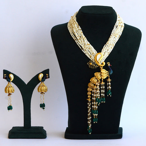 Elegant Multi-Strand Seed Bead Necklace Set with Peacock Motif