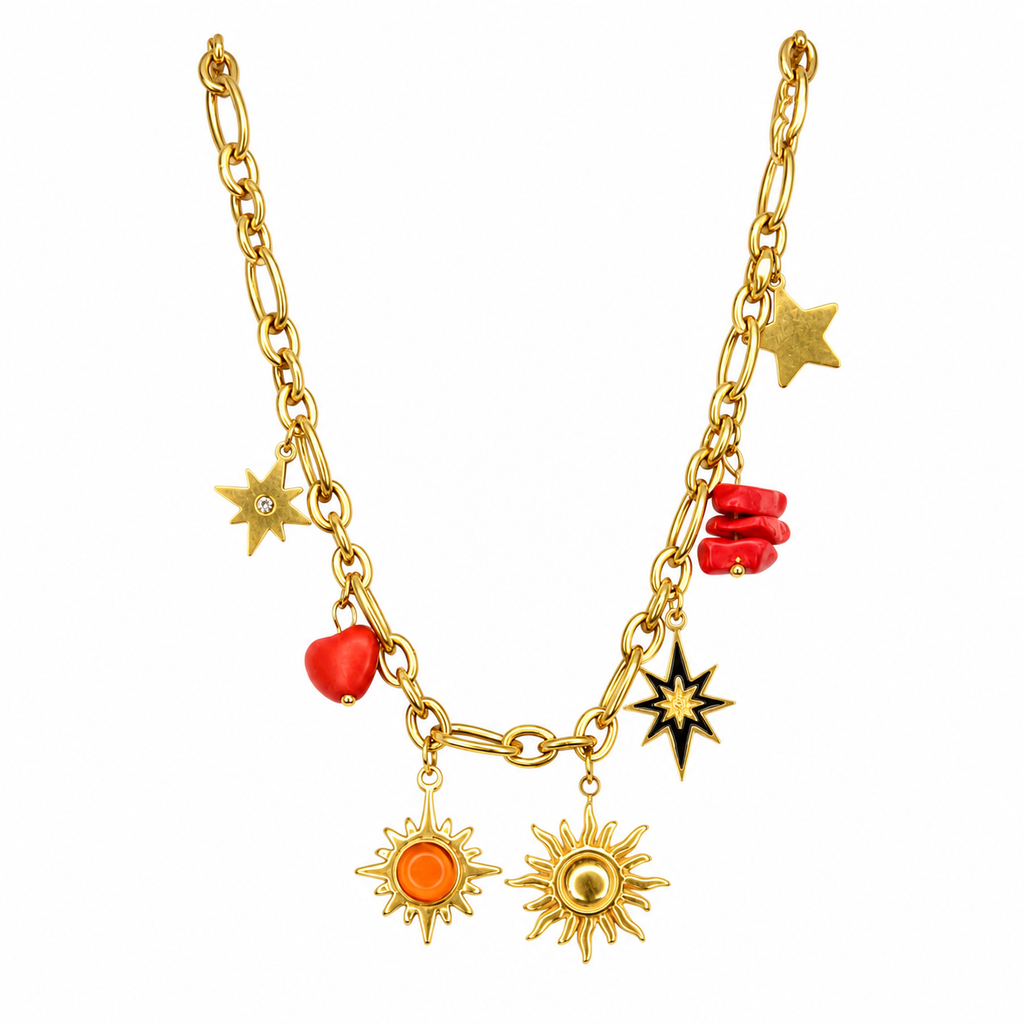 Aurora Gold-Toned Charm Necklace with Sun, Star & Heart Pendants