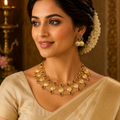 Traditional Temple-Inspired Gold-Toned Necklace Set with Red Stones & Coin Earrings
