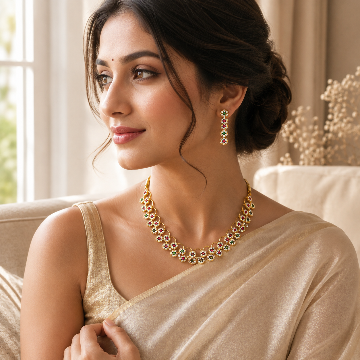 Traditional Floral CZ Necklace Set with Matching Earrings – Gold Finish