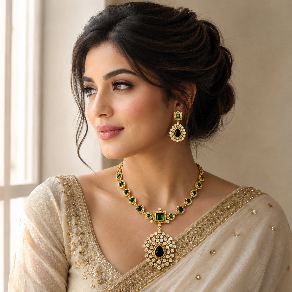Antique Gold-Plated Emerald & Black Stone Statement Necklace Set with Matching Earrings