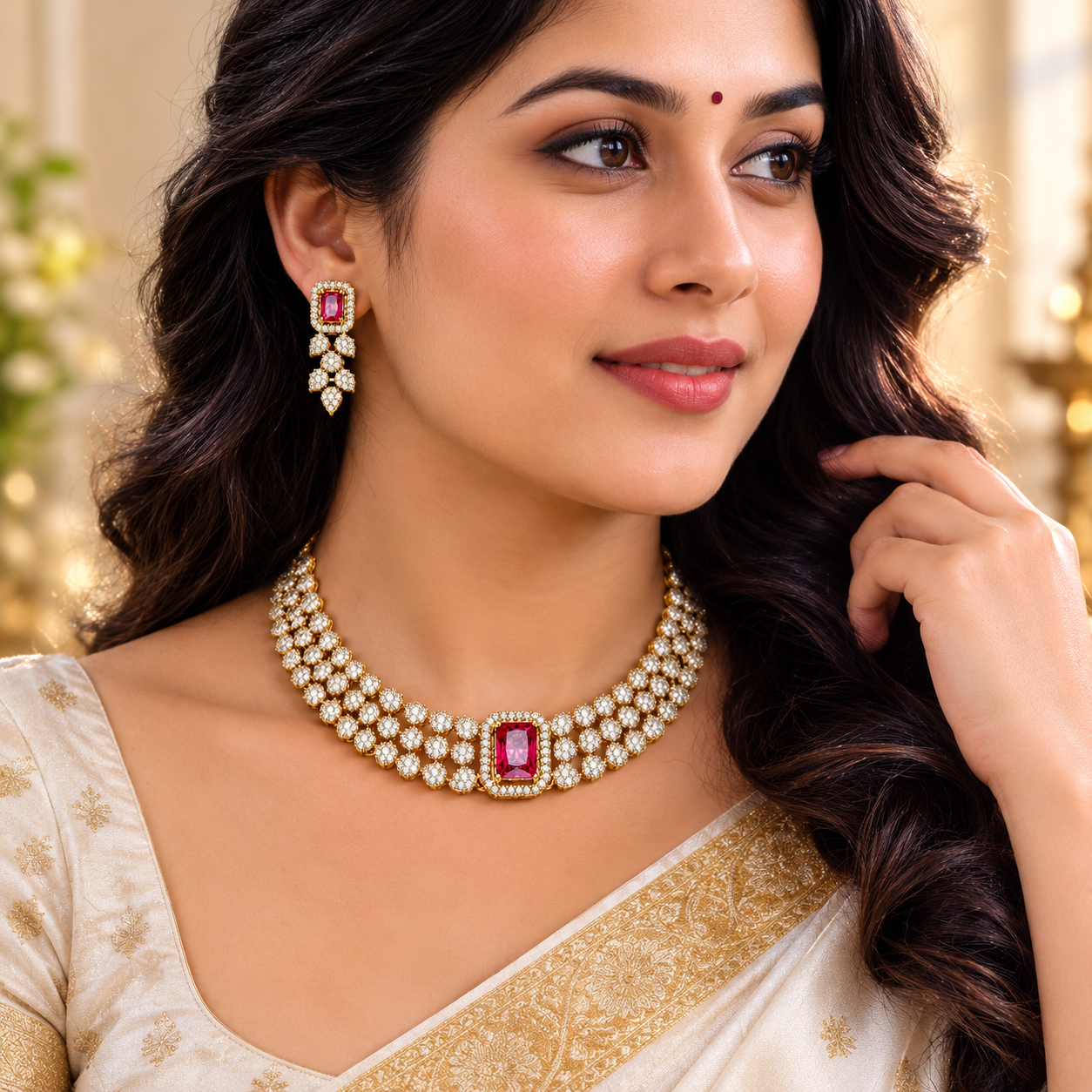 Luxury Multi-Stone Floral Choker Necklace Set with Matching Earrings