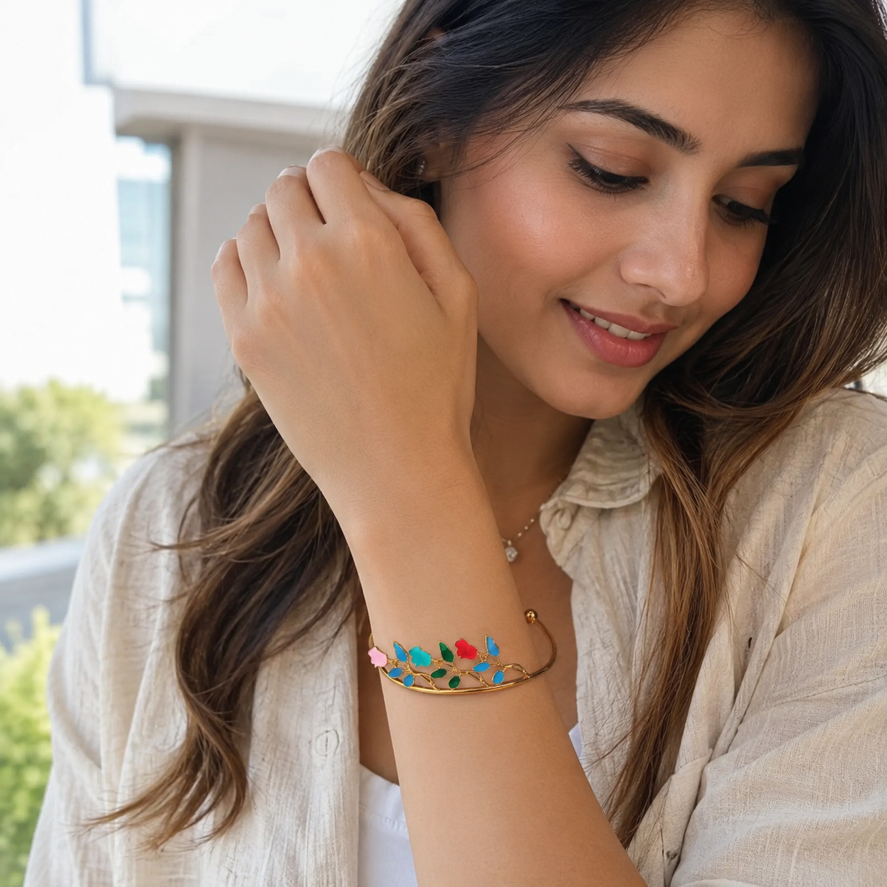 Gold-Plated Colorful Enamel Floral Open Cuff Bangle