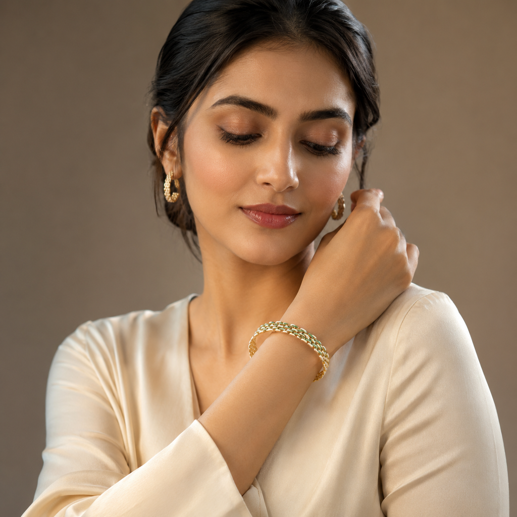 Luxury Gold Open Cuff Bracelet with Green & White Enamel Links