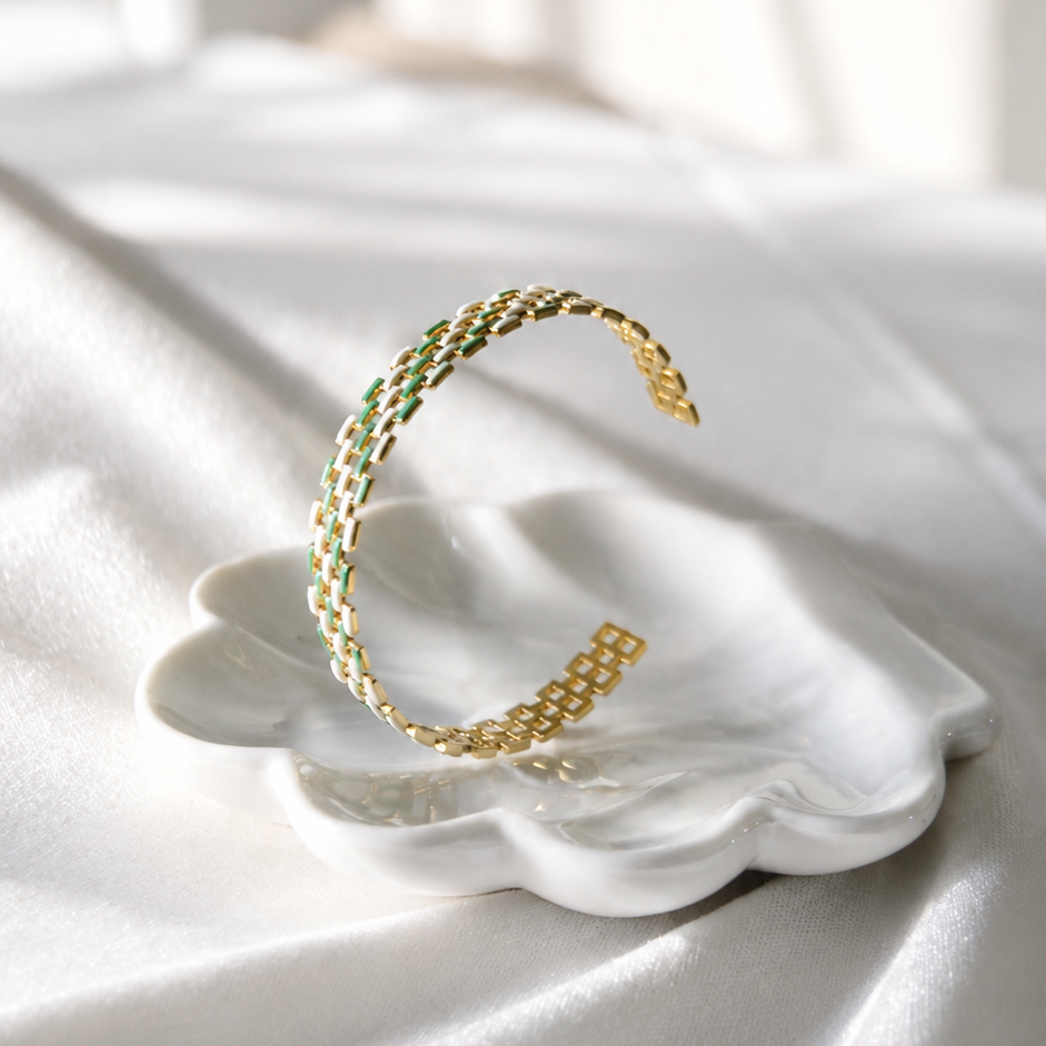 Luxury Gold Open Cuff Bracelet with Green & White Enamel Links