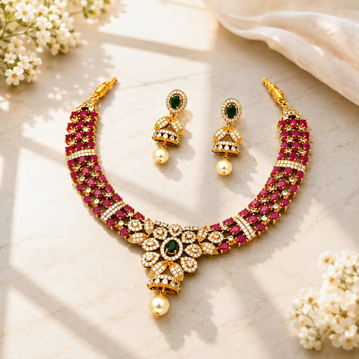 Premium South Indian Ruby Stone Necklace Set with Emerald Center Pendant & Pearl Drops
