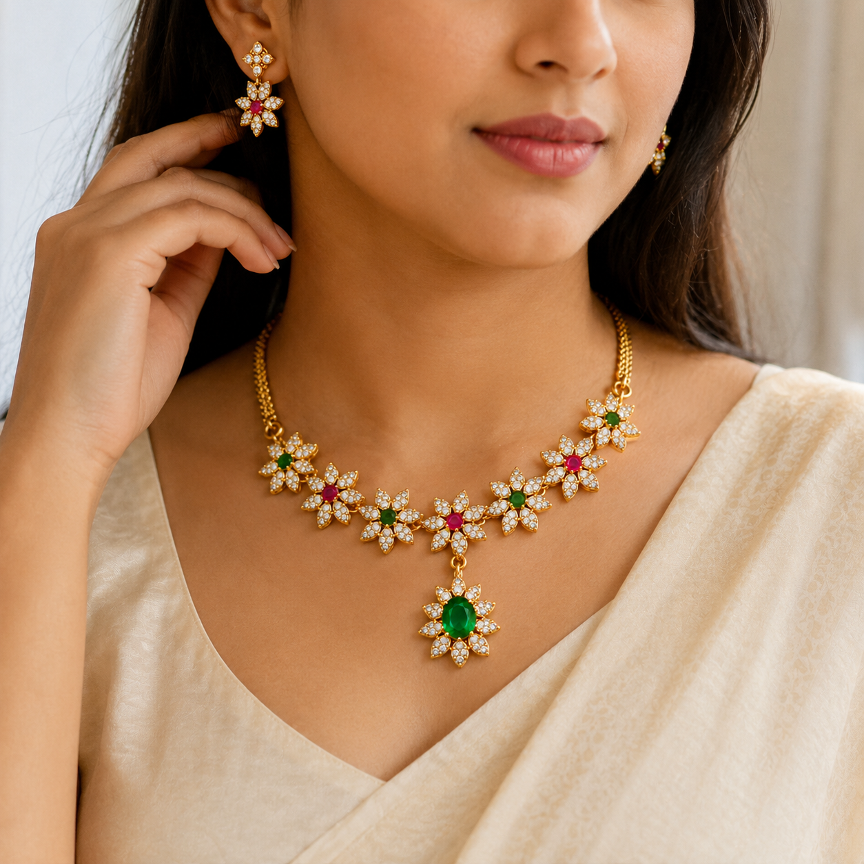 Gold-Plated Floral CZ Necklace Set with Matching Drop Earrings – Green & Pink Stone