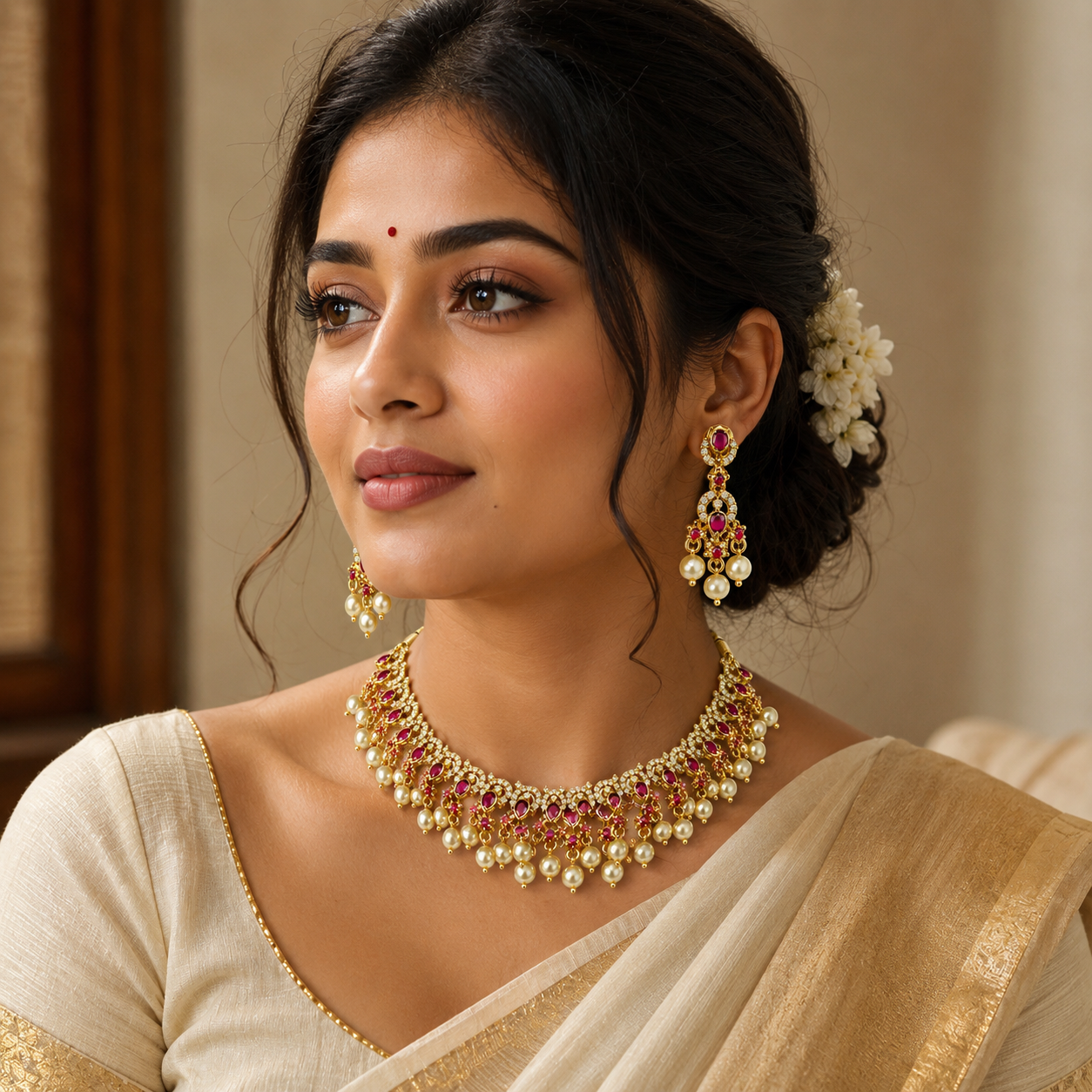 Traditional Ruby CZ Pearl Choker Necklace Set with Matching Earrings