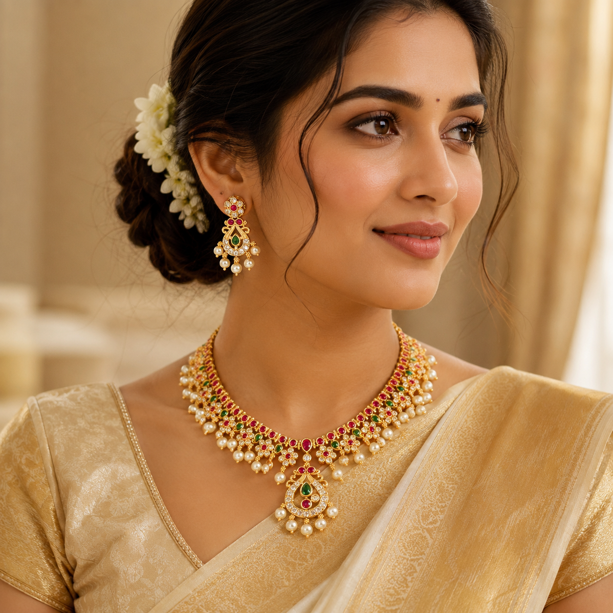 Antique Gold CZ Bridal Necklace Set with Pearl Drops