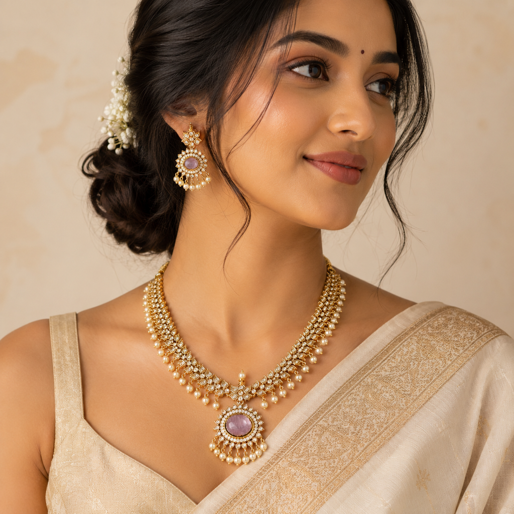 Traditional Antique Gold Kundan Pearl Drop Necklace Set with Matching Earrings