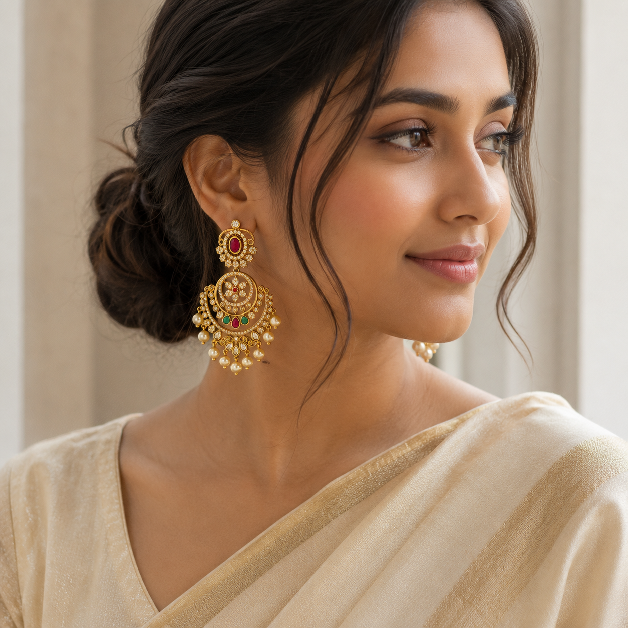 Antique Gold Chandbali Jhumka Earrings with Ruby, Emerald & Pearl Drops