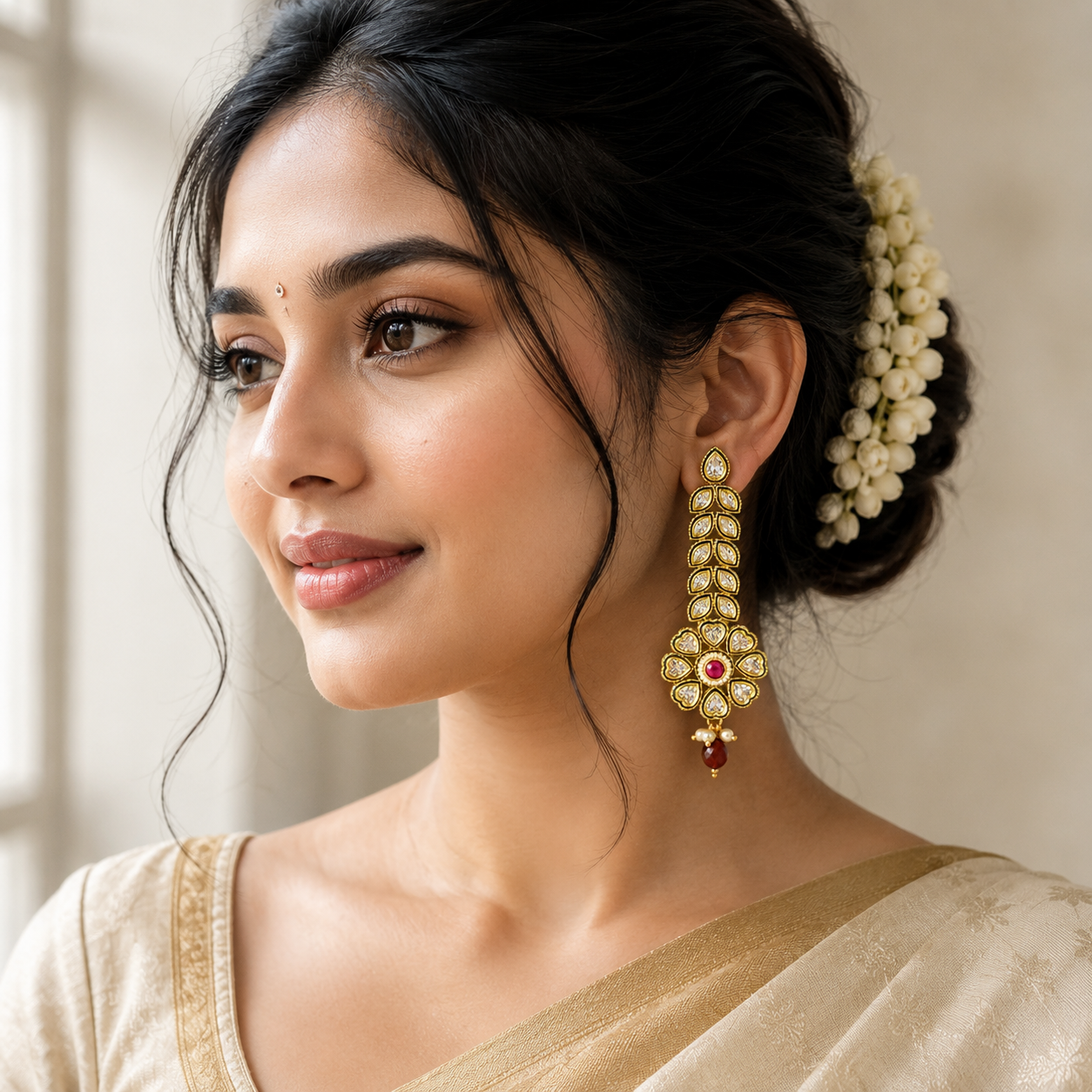 Antique Polki Kundan Long Drop Earrings with Ruby Accent