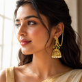 Traditional Antique Gold Temple Jhumka Earrings with Ear Chain & Pearl Drops