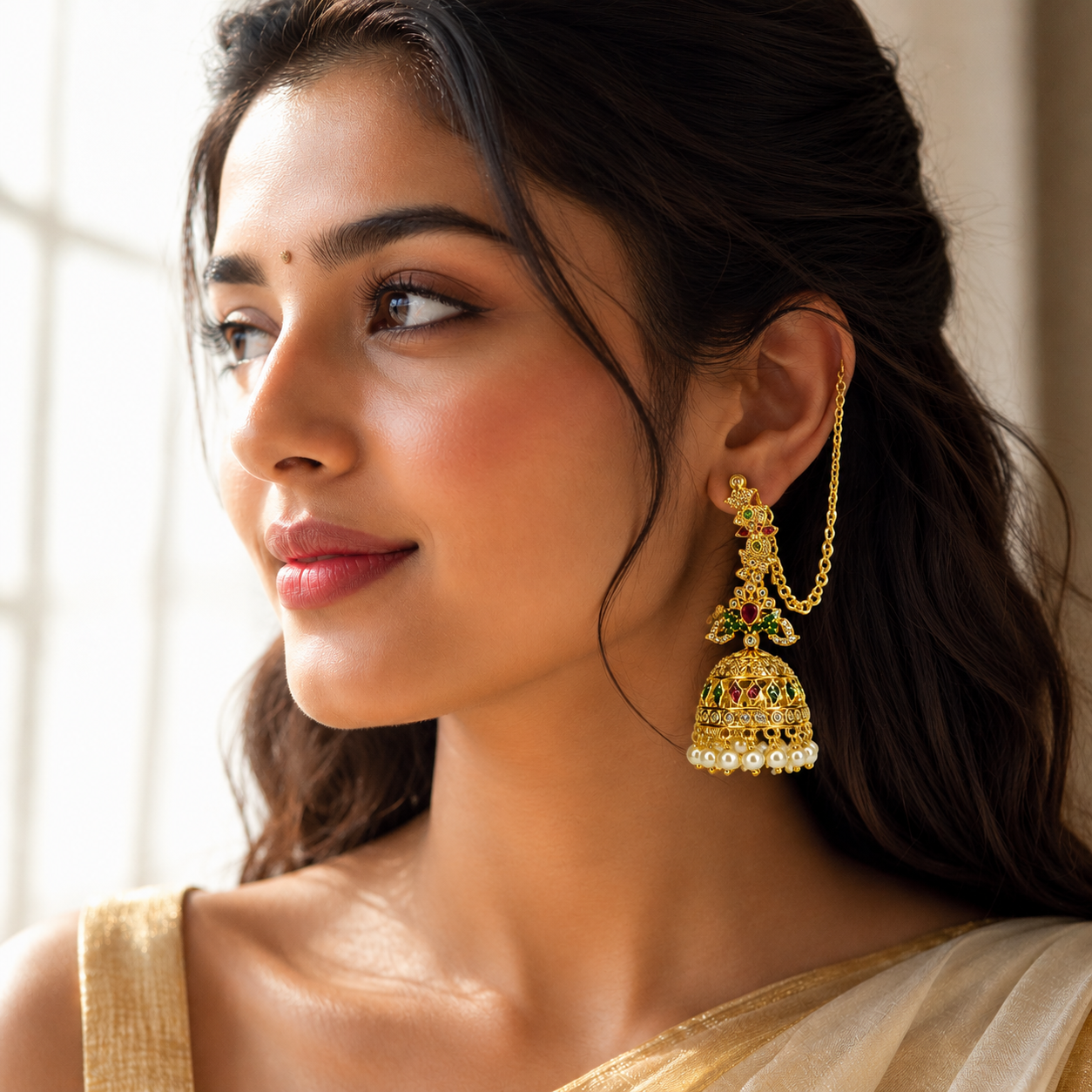 Traditional Antique Gold Temple Jhumka Earrings with Ear Chain & Pearl Drops