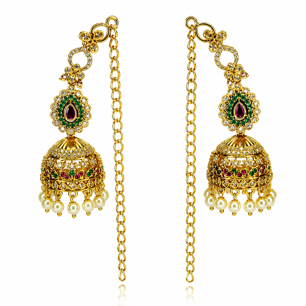 Antique Gold Kundan Pearl Jhumka Earrings with Sahara Ear Chain