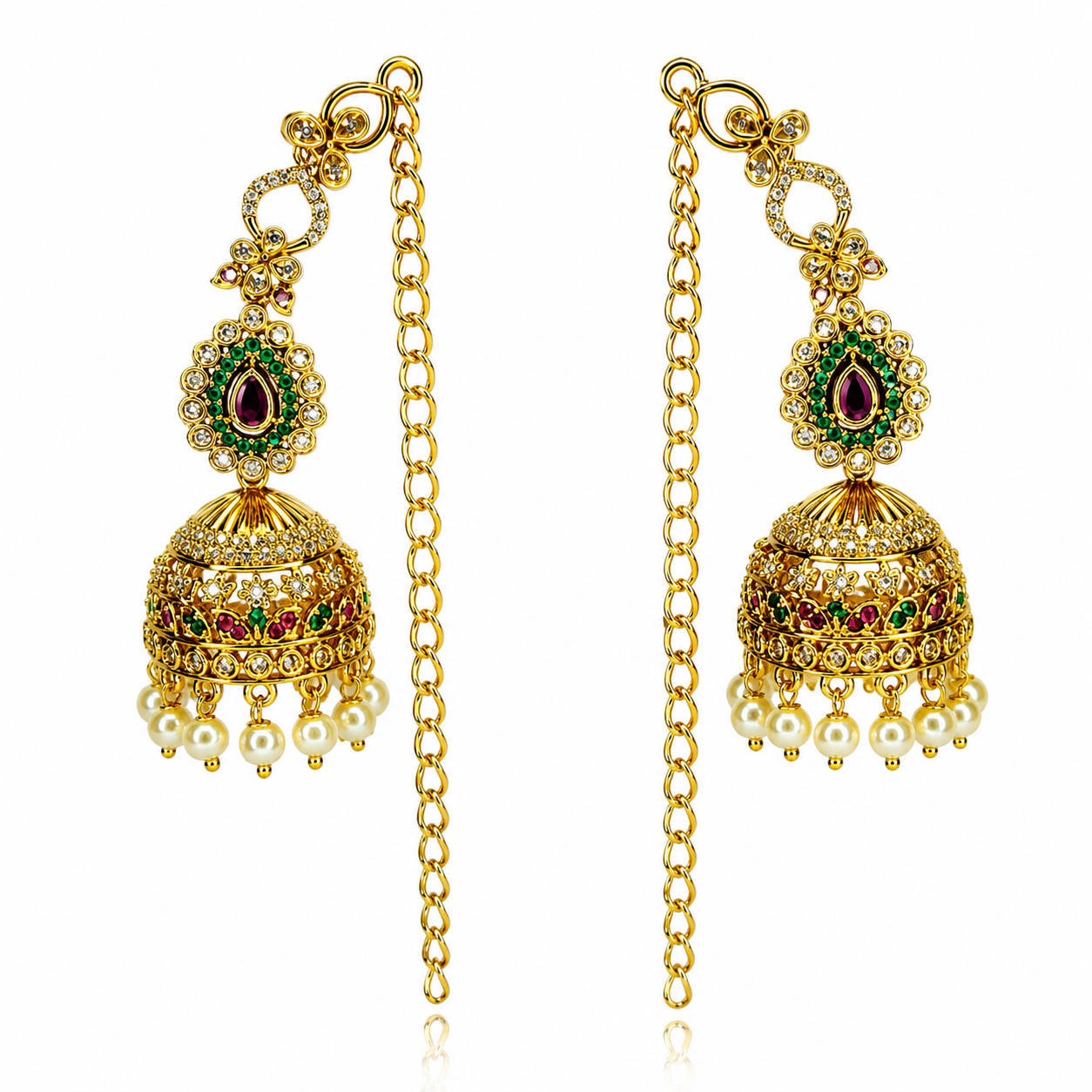 Antique Gold Kundan Pearl Jhumka Earrings with Sahara Ear Chain