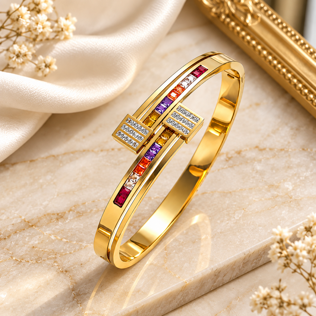 Royal Rainbow Crystal Anti-Tarnish Gold Bangle