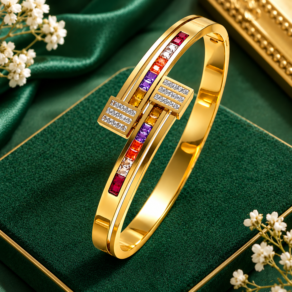 Royal Rainbow Crystal Anti-Tarnish Gold Bangle