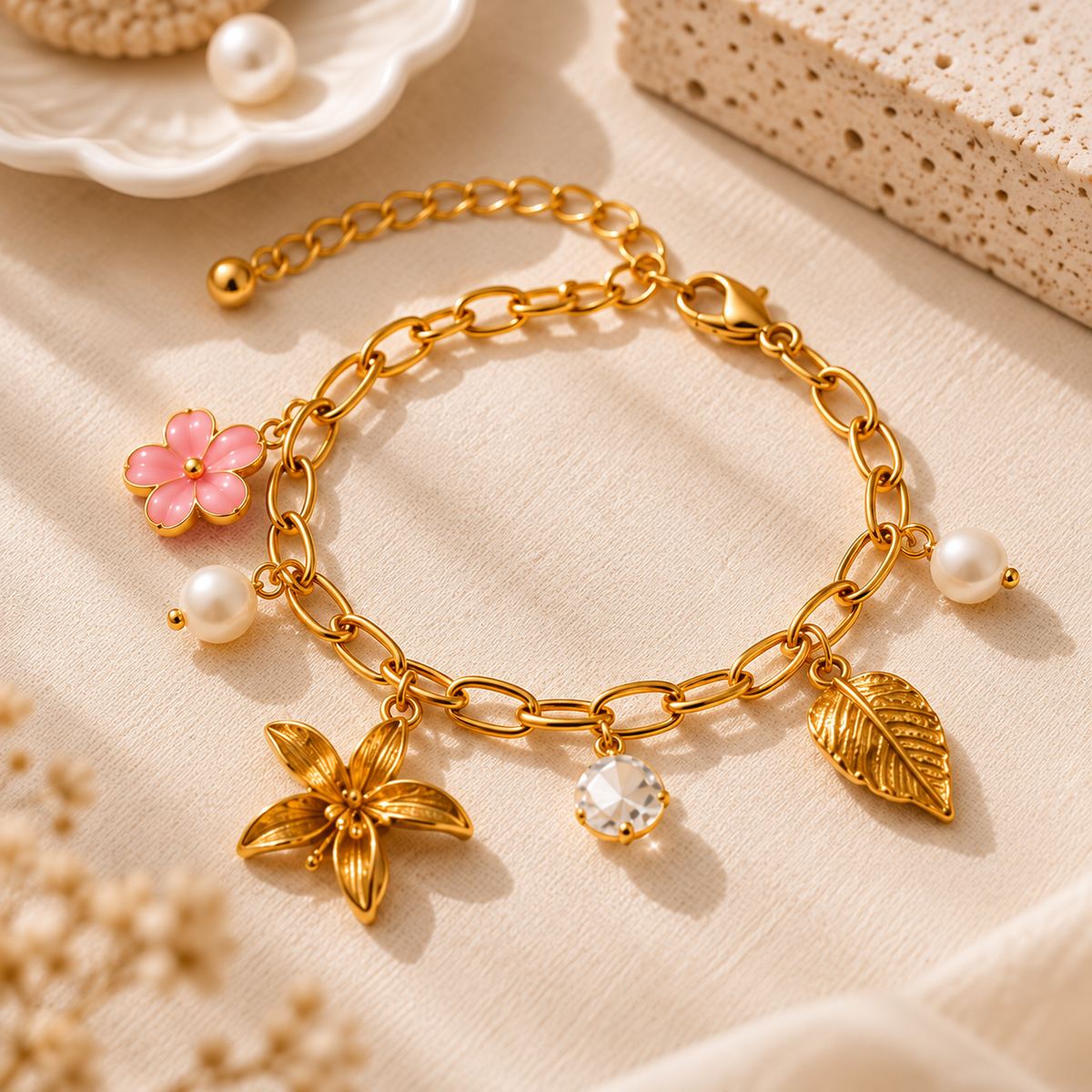Bloom & Pearl Charm Anti-Tarnish Gold Bracelet