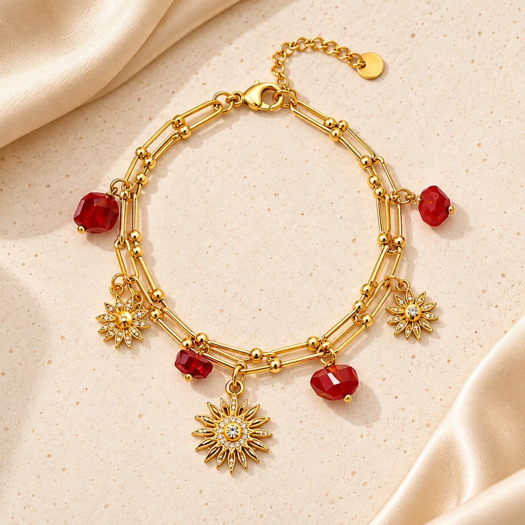 Royal Ruby Sunburst Charm Anti-Tarnish Gold Bracelet