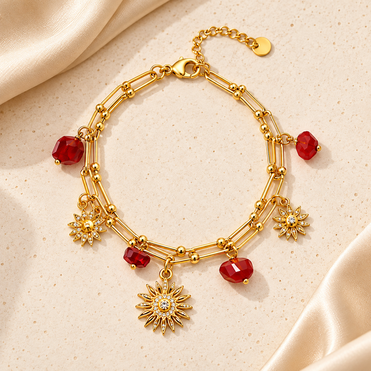 Royal Ruby Sunburst Charm Anti-Tarnish Gold Bracelet
