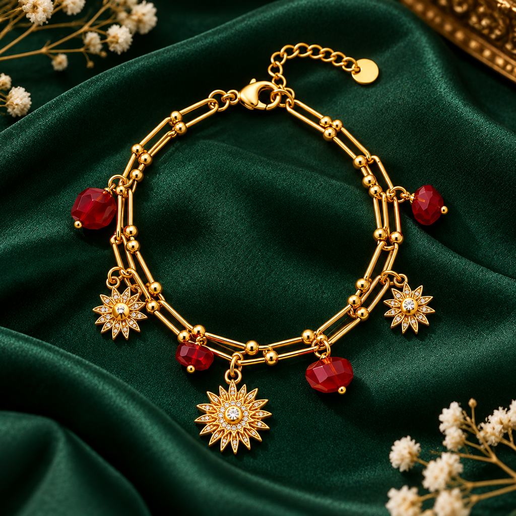 Royal Ruby Sunburst Charm Anti-Tarnish Gold Bracelet