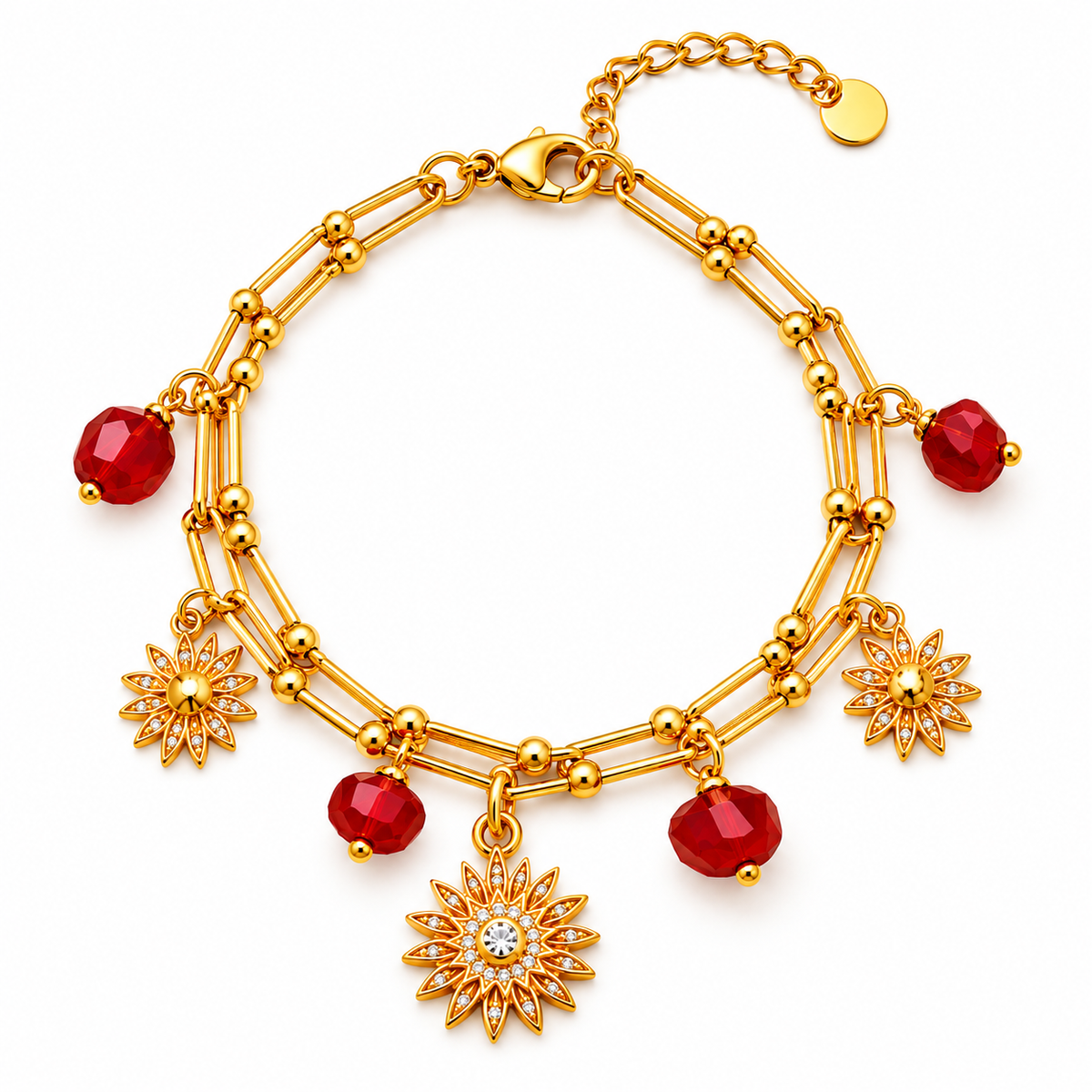 Royal Ruby Sunburst Charm Anti-Tarnish Gold Bracelet