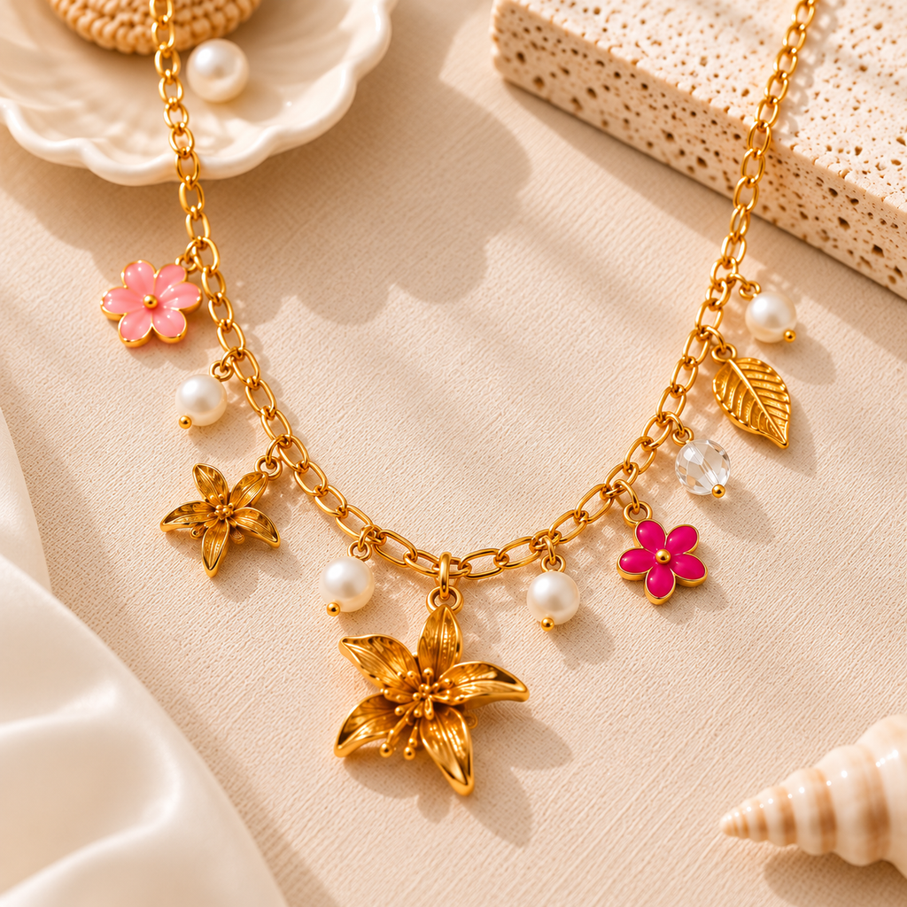 Royal Golden Bloom Pearl Charm Anti-Tarnish Necklace