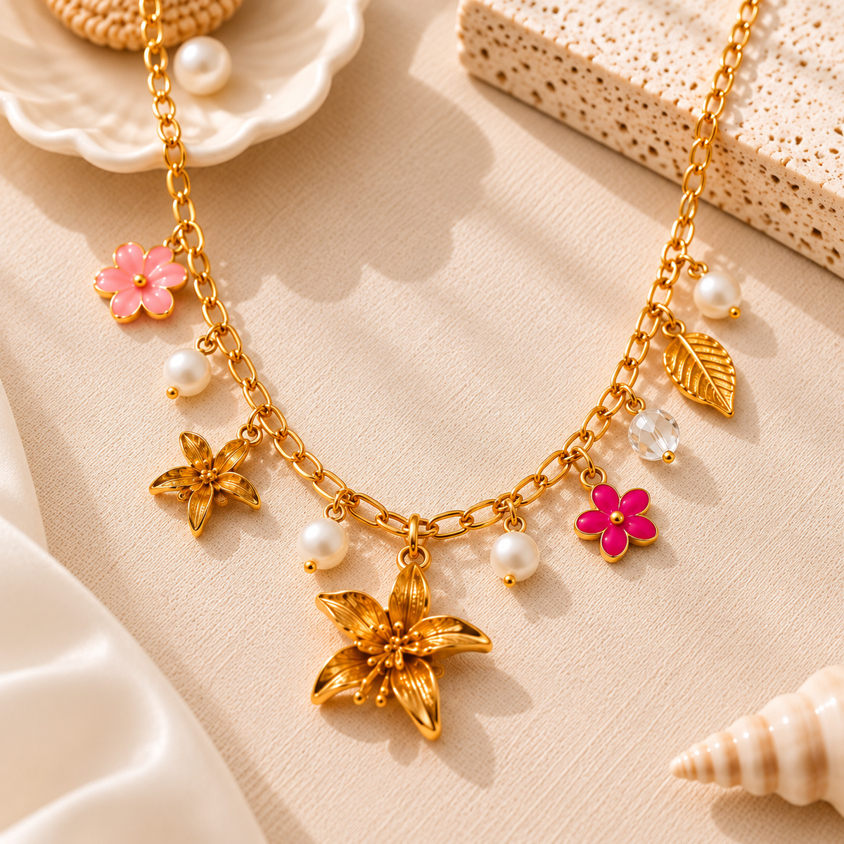 Royal Golden Bloom Pearl Charm Anti-Tarnish Necklace