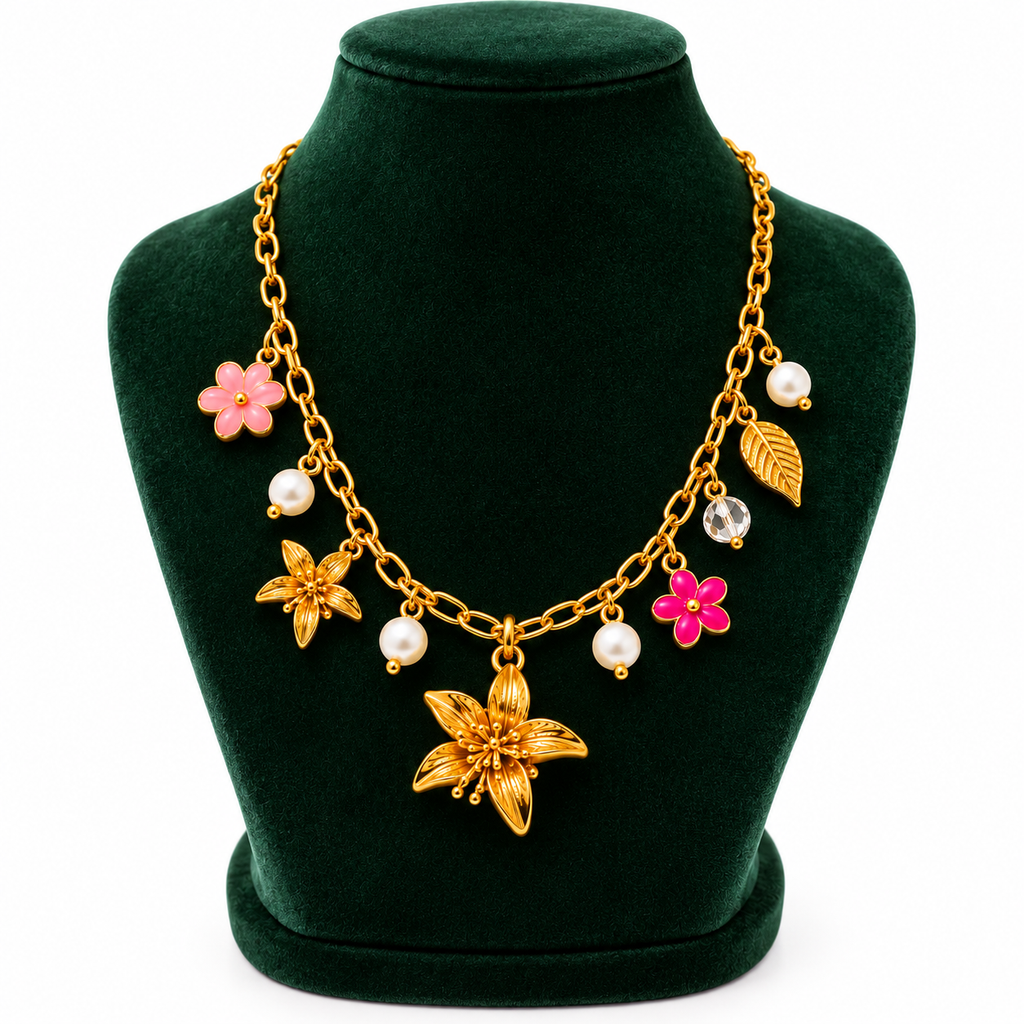 Royal Golden Bloom Pearl Charm Anti-Tarnish Necklace