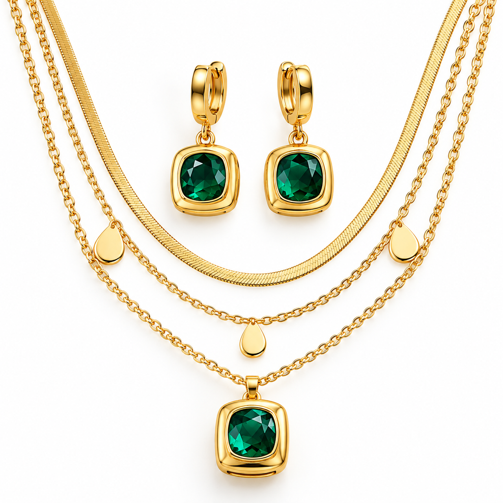 Royal Emerald Charm Layered Anti-Tarnish Gold Necklace Set