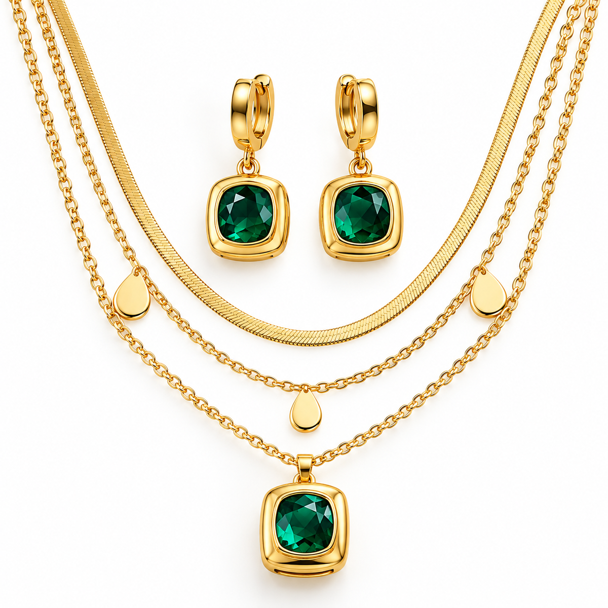 Royal Emerald Charm Layered Anti-Tarnish Gold Necklace Set