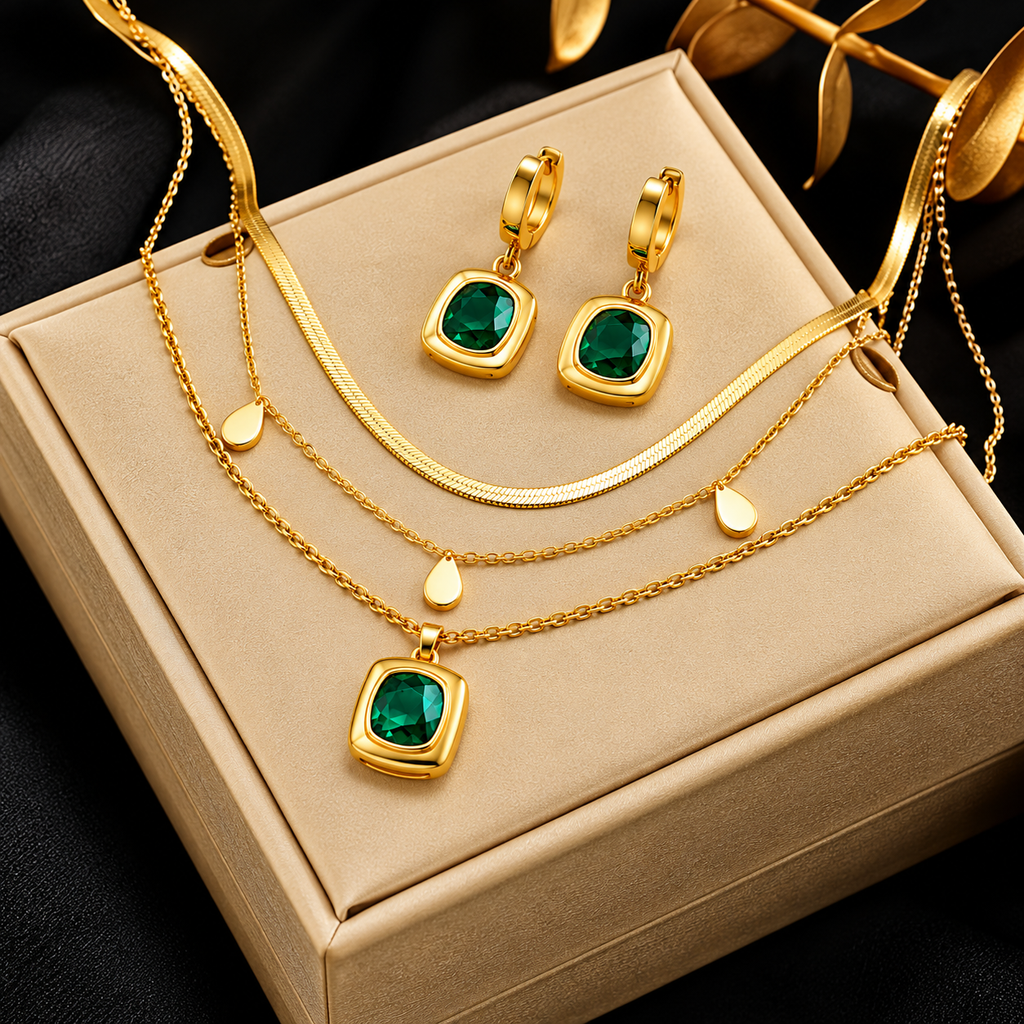 Royal Emerald Charm Layered Anti-Tarnish Gold Necklace Set