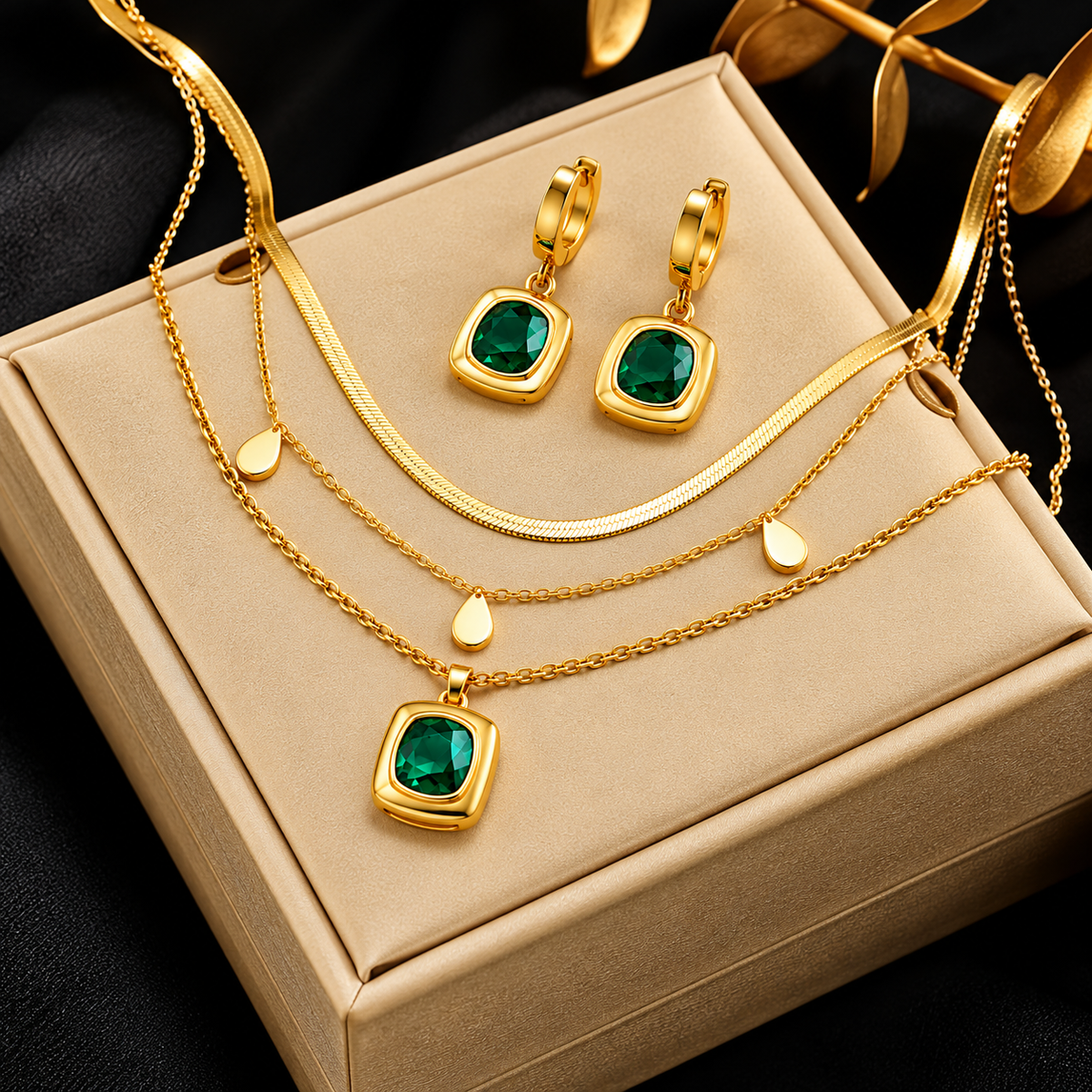 Royal Emerald Charm Layered Anti-Tarnish Gold Necklace Set