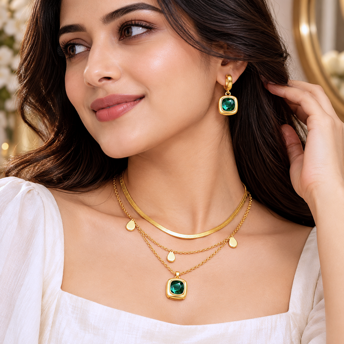Royal Emerald Charm Layered Anti-Tarnish Gold Necklace Set