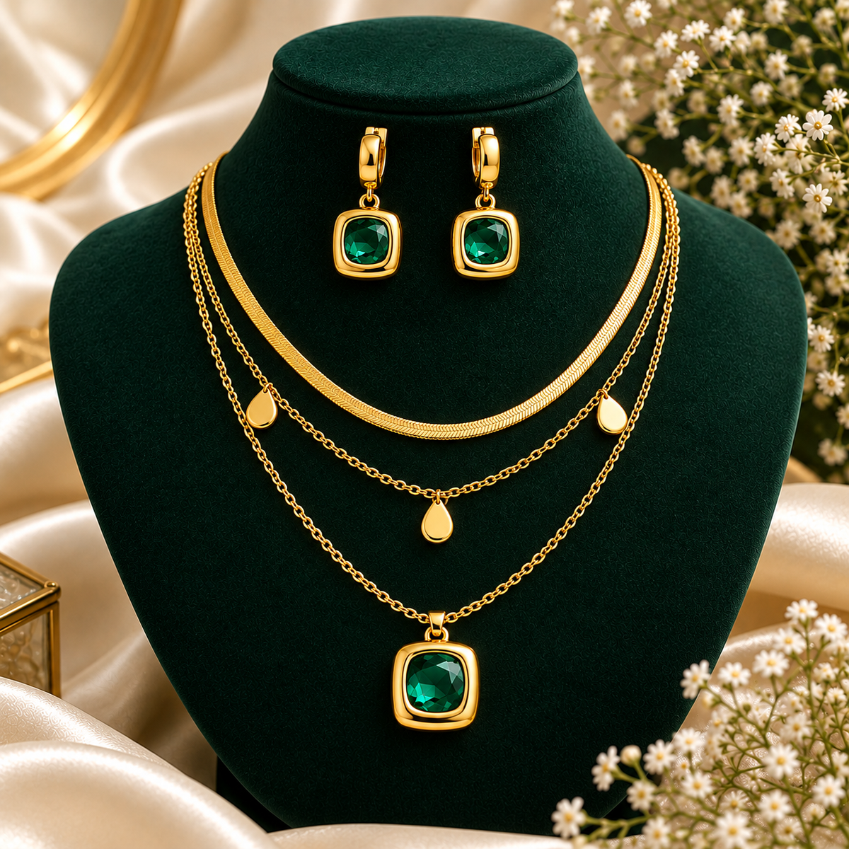 Royal Emerald Charm Layered Anti-Tarnish Gold Necklace Set