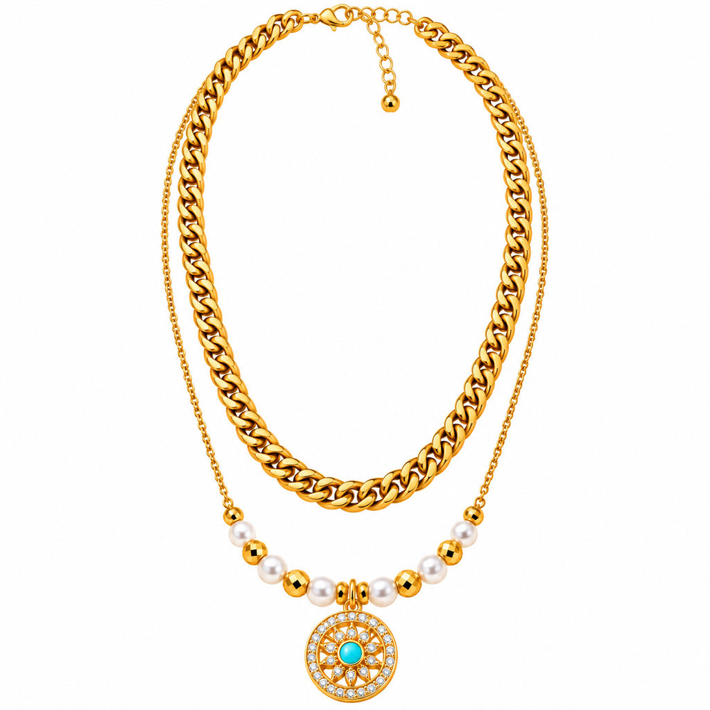 Royal Turquoise Pearl Medallion Layered Anti-Tarnish Gold Necklace
