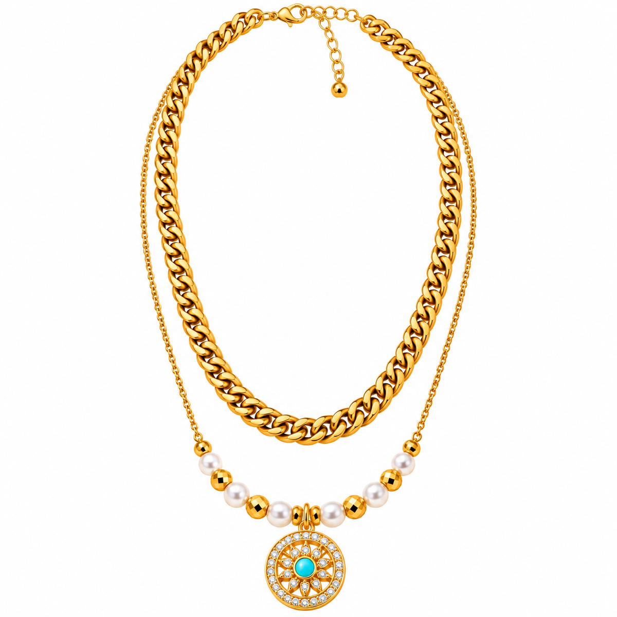 Royal Turquoise Pearl Medallion Layered Anti-Tarnish Gold Necklace