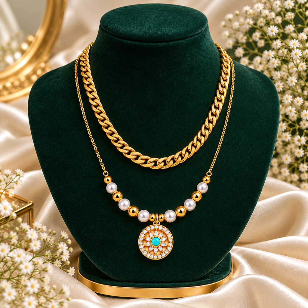 Royal Turquoise Pearl Medallion Layered Anti-Tarnish Gold Necklace