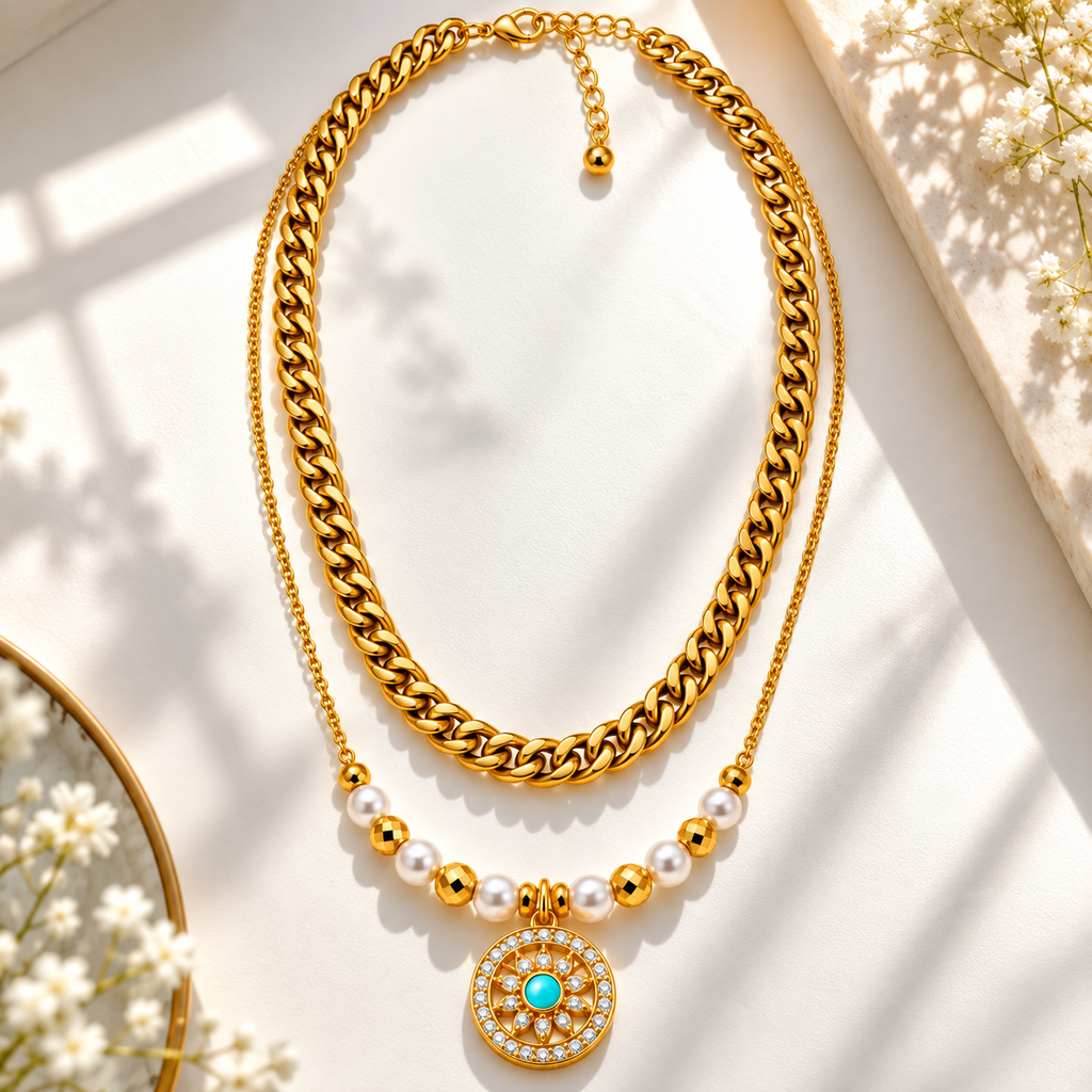 Royal Turquoise Pearl Medallion Layered Anti-Tarnish Gold Necklace