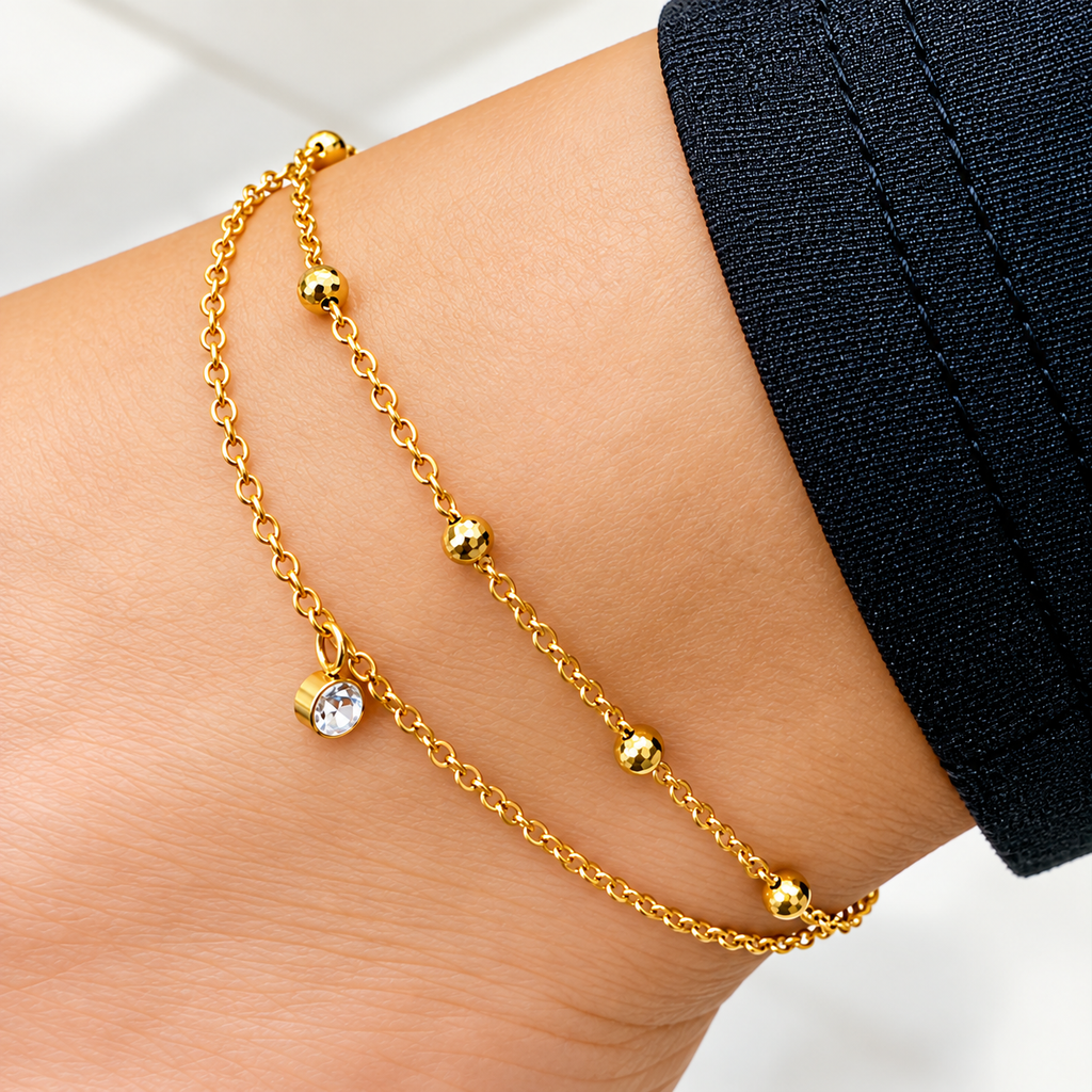 Royal Crystal Bead Double-Layer Single Anti-Tarnish Gold Anklet