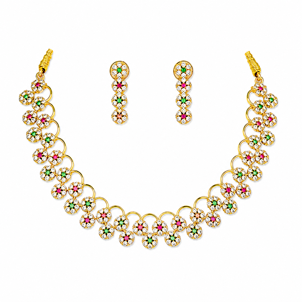 Traditional Floral CZ Necklace Set with Matching Earrings – Gold Finish