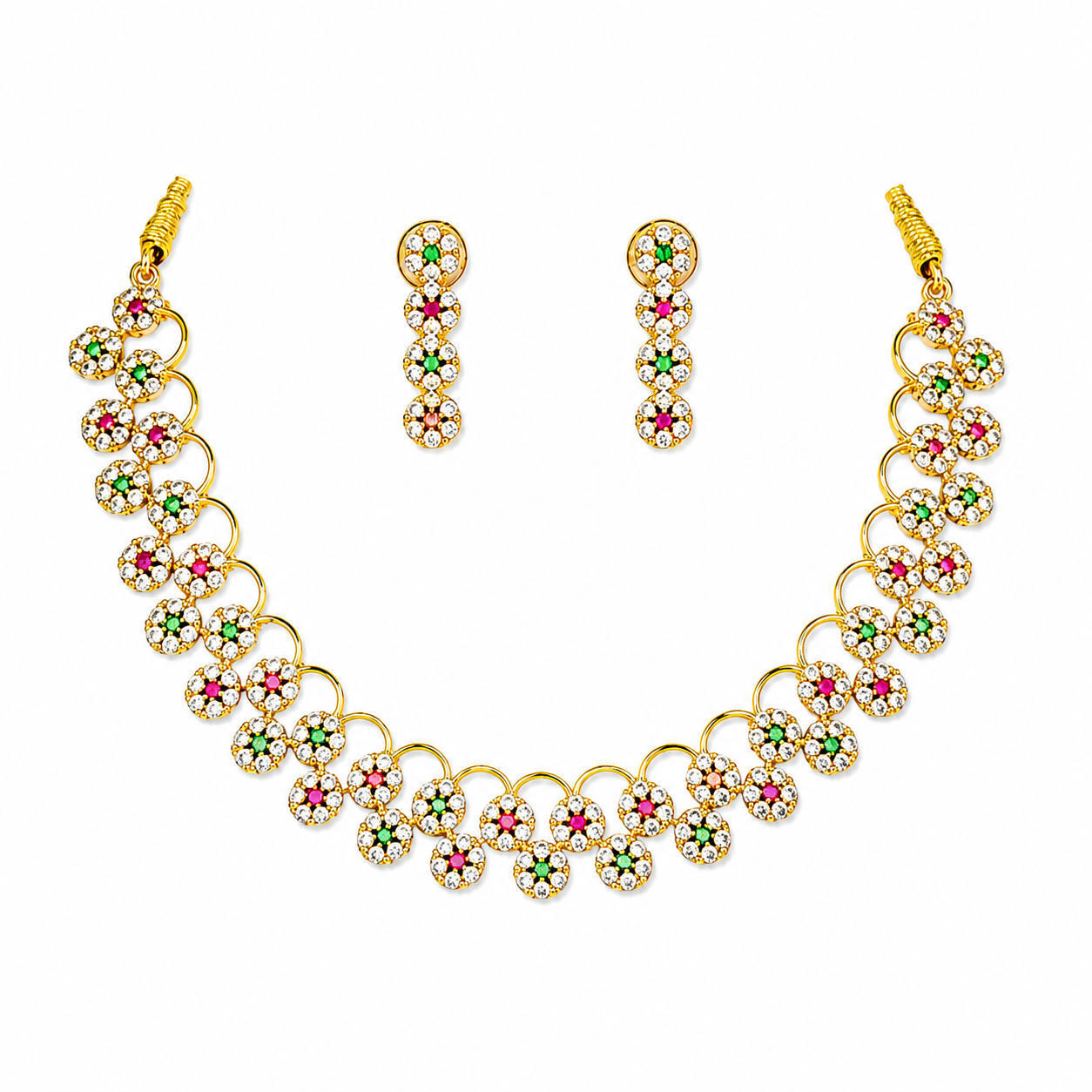 Traditional Floral CZ Necklace Set with Matching Earrings – Gold Finish