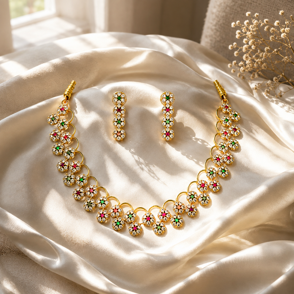Traditional Floral CZ Necklace Set with Matching Earrings – Gold Finish