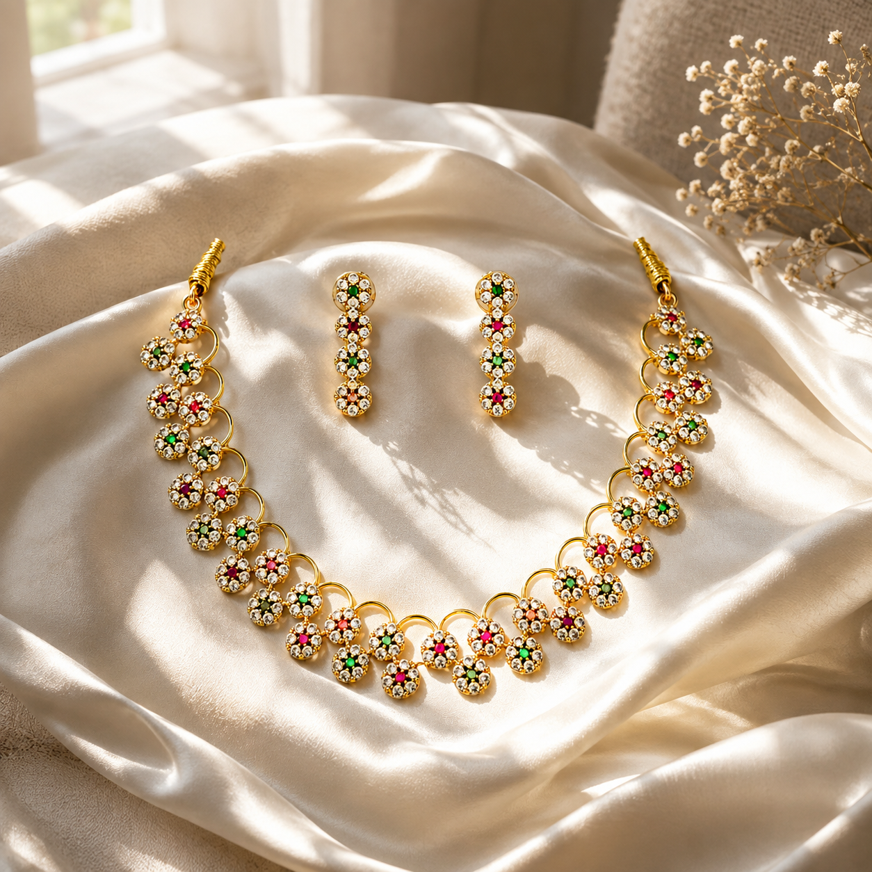 Traditional Floral CZ Necklace Set with Matching Earrings – Gold Finish
