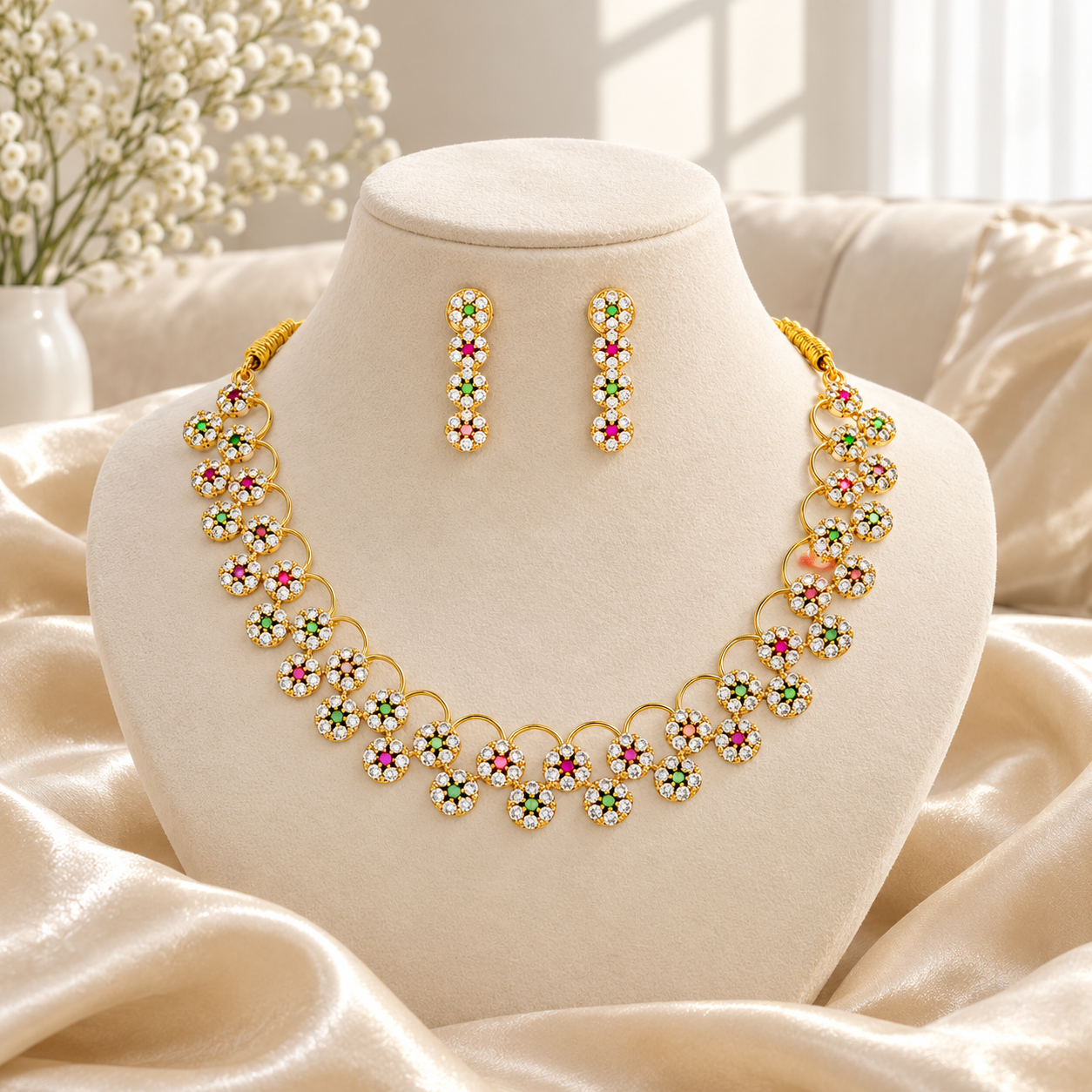 Traditional Floral CZ Necklace Set with Matching Earrings – Gold Finish