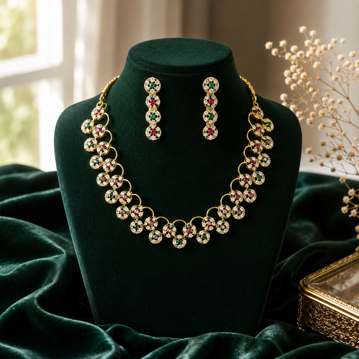Traditional Floral CZ Necklace Set with Matching Earrings – Gold Finish