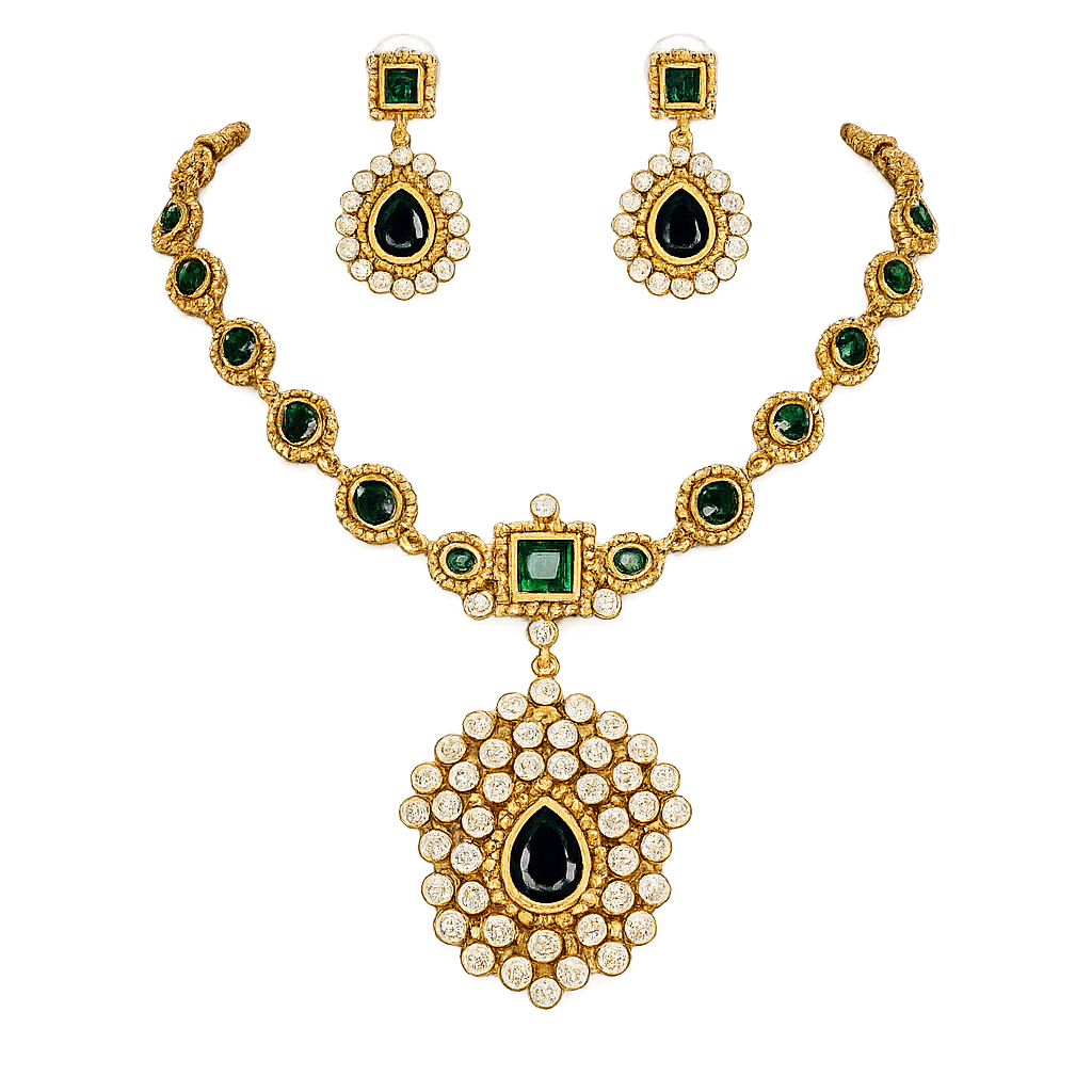 Antique Gold-Plated Emerald & Black Stone Statement Necklace Set with Matching Earrings