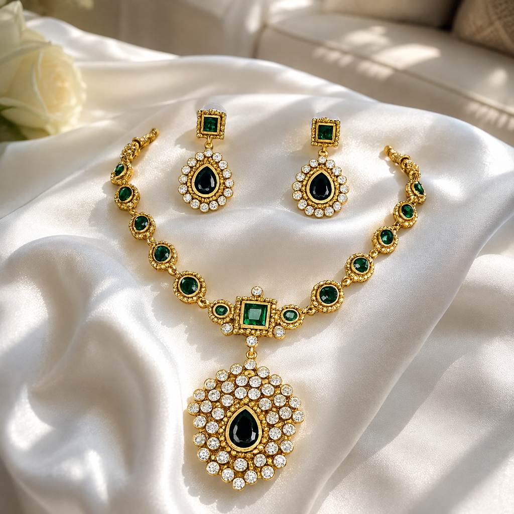 Antique Gold-Plated Emerald & Black Stone Statement Necklace Set with Matching Earrings