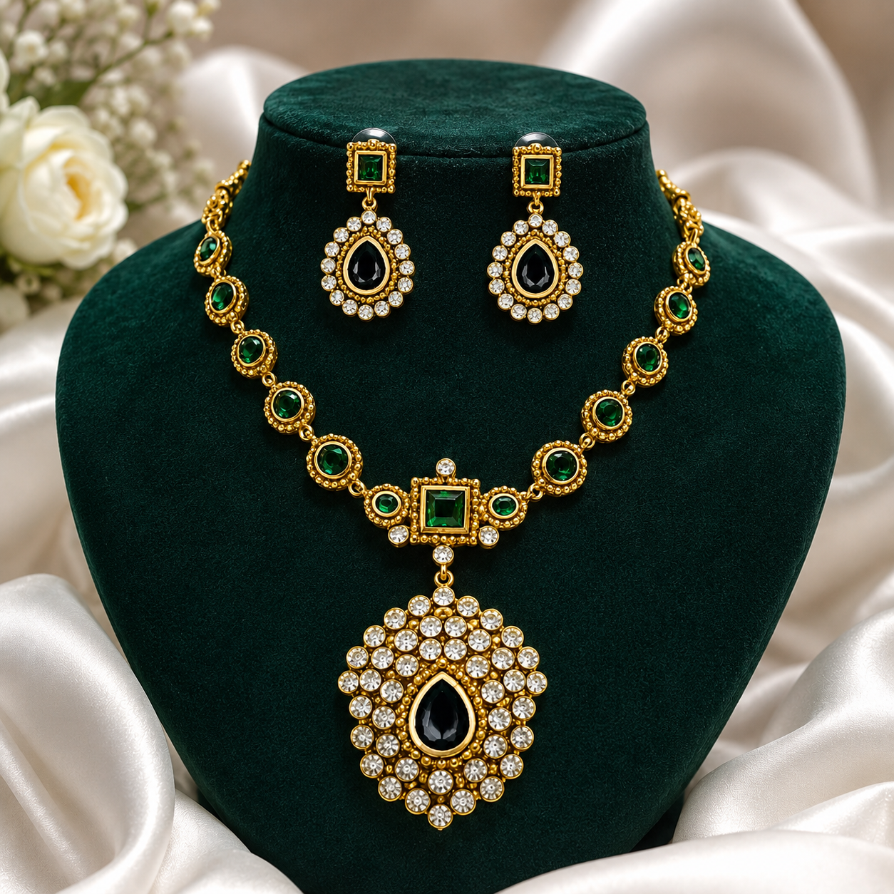 Antique Gold-Plated Emerald & Black Stone Statement Necklace Set with Matching Earrings